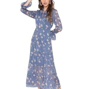 Patron of Peace Tie front Floral Tiered Blue Maxi Dress